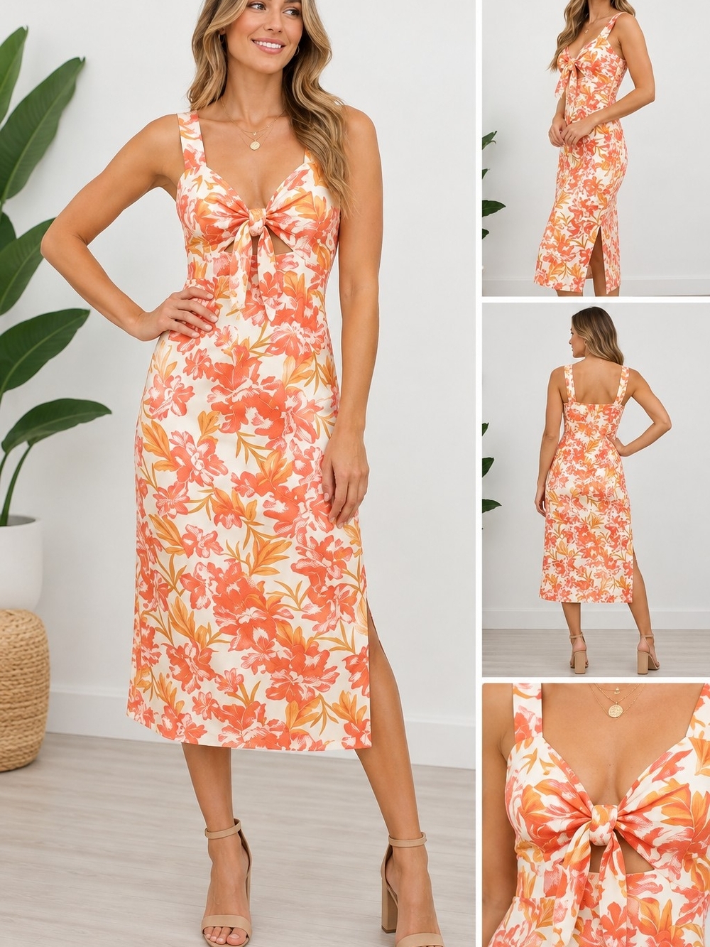 Sam Edelman Floral Tie Front Midi Dress Orange White Size 10